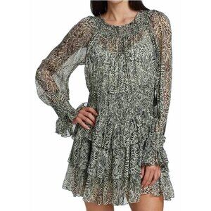 Cinq a Sept Chiffon Long Sleeve Ruffle Dress Green Black Womens 2 Boho Fairy